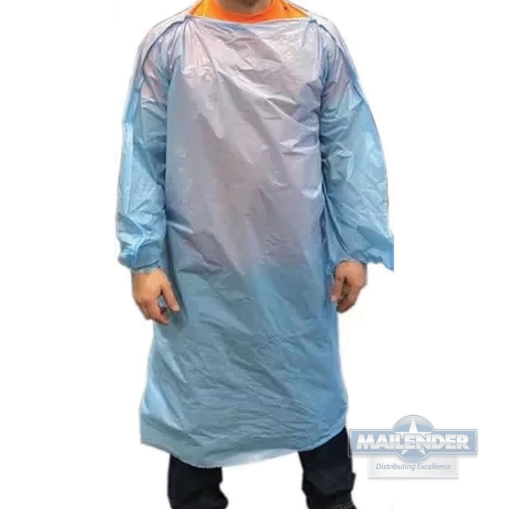 68"X50" 1.5 MIL BLUE POLY ISOLATION GOWN WITH SLEEVES