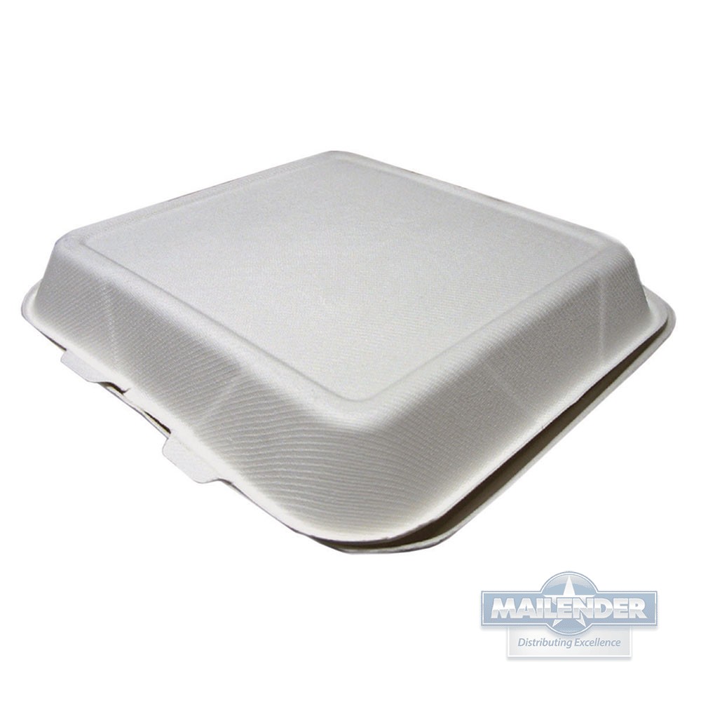 9"X12"X3" BRIGHT WHITE HINGED BAGASSE XL FOOD CONTAINER 150/CA